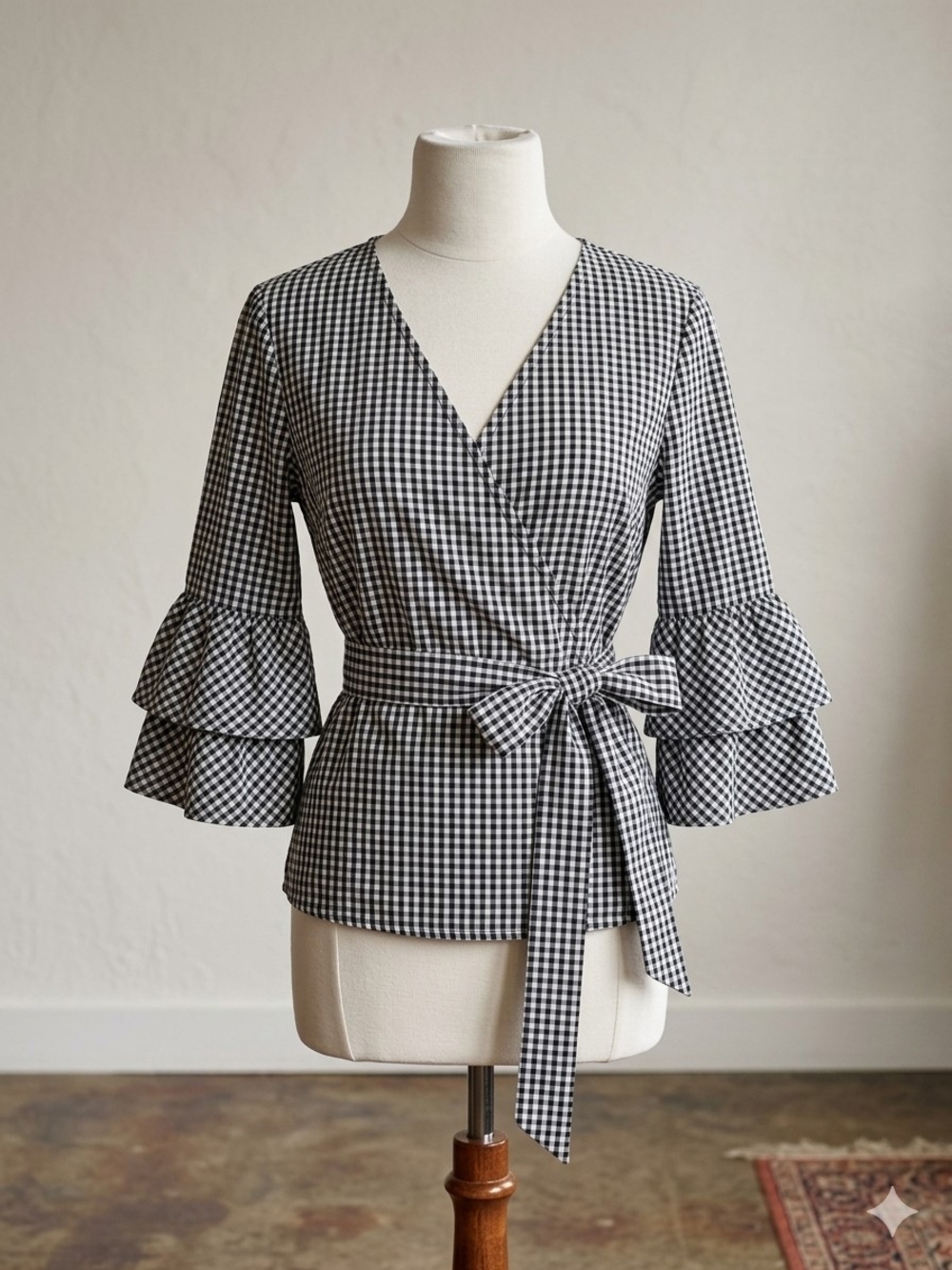 BeachLunchLounge Black Gingham Wrap Blouse M Ruffle Bell Sleeve Boho Chic